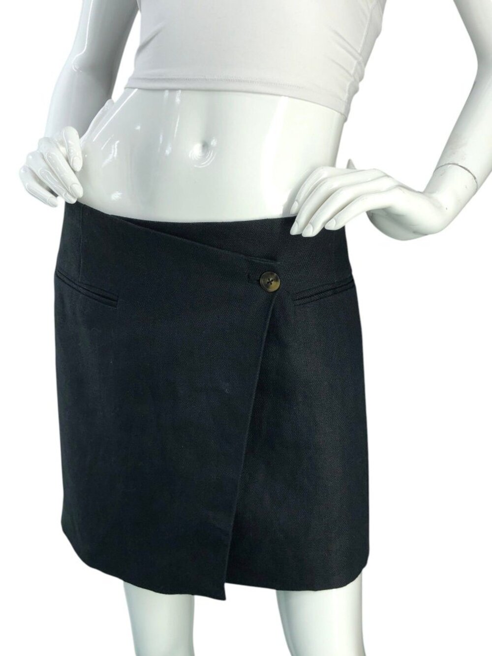 Anine Bing Skirt Womens S Black Linen Wrap Mini Button Front Welt Pockets Casual